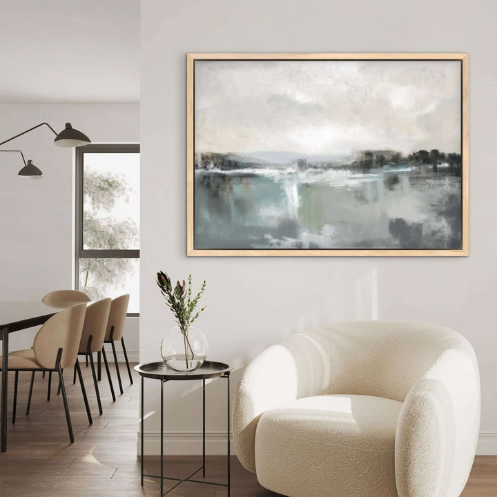 Framed Canvas - Still Lake abstract artwork detail showing tranquil blue and grey tones