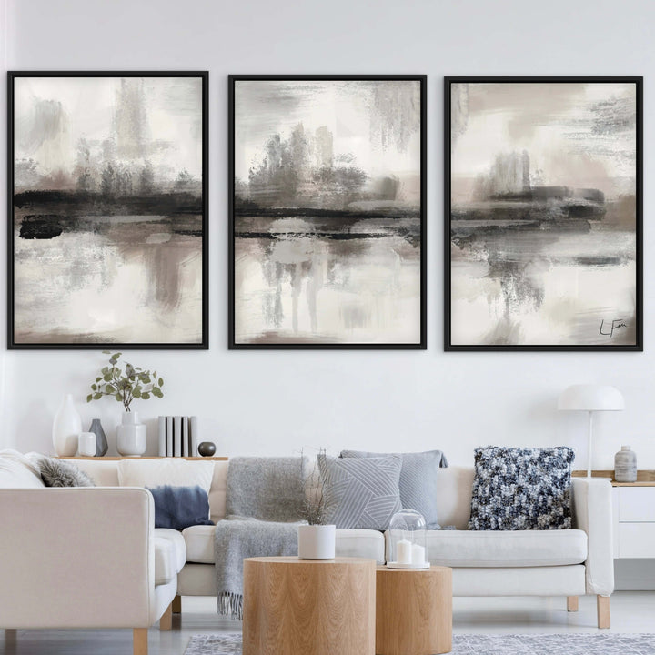 Abstract Canvas Set of 3 - Geneva styled as a gallery set in a modern living room