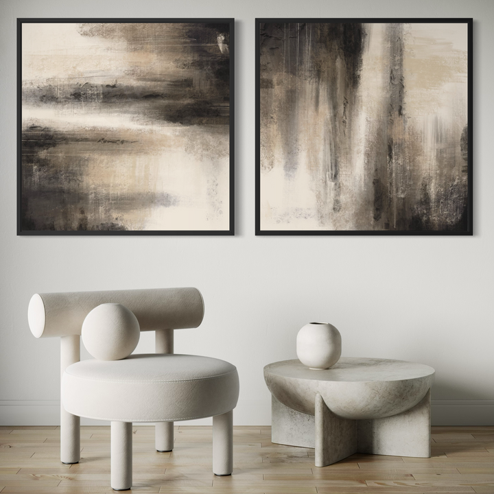 Obscura framed canvas pair styled with contemporary neutral decor