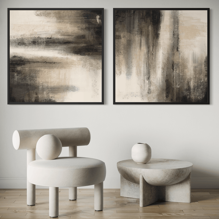 Obscura framed canvas pair styled with contemporary neutral decor
