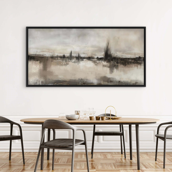 Framed Canvas - Nude Shores styled in a contemporary bedroom with warm neutral decor