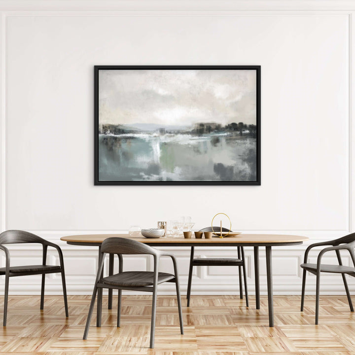 Framed Canvas - Still Lake styled in a contemporary bedroom with peaceful decor