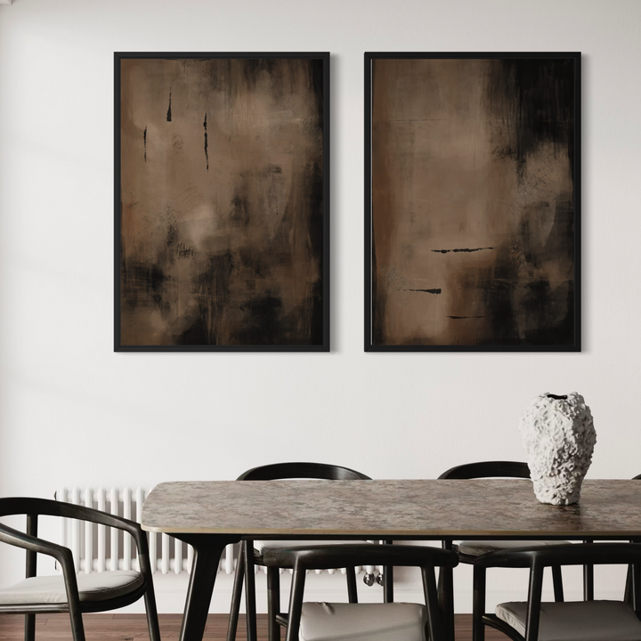 Charcoal Nights framed canvas set of 2 displayed in a modern interior