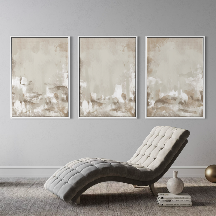 Capri framed canvas set of 3 styled with neutral contemporary furniture