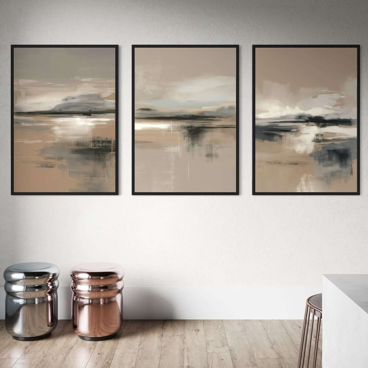 Patagonia framed canvas set of 3 styled with contemporary neutral furniture