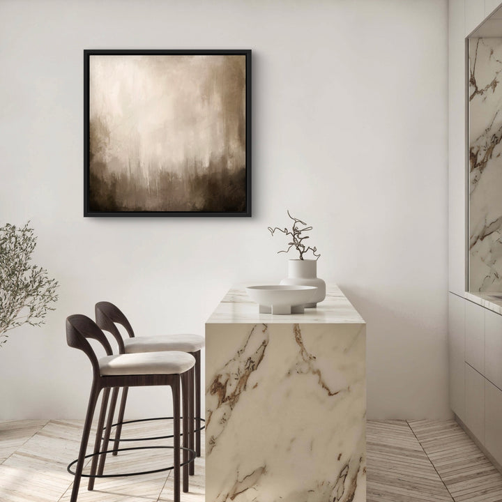 Abstract Art Framed Canvas Styled With A Marble Waterfall Island, Dark Wood Bar Stools, And Sculptural Ceramic Accents. Perfect For A Minimalist Kitchen Or Dining Nook.