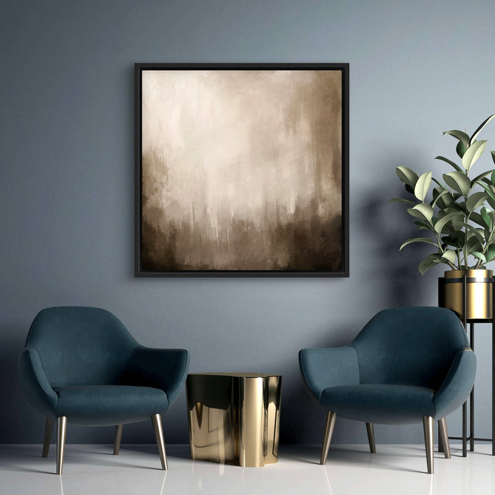 Abstract Art Framed Canvas Styled With Teal Lounge Chairs, Gold Metallic Side Table, And Brass Planters. Perfect For A Minimalist Living Room Or Sitting Area.