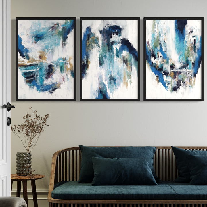Modern Minimalist Abstract Art Styled With A Slatted Wood Bench With Teal Velvet Cushions, Round Wood Side Table, And A Glass Vase With Dried Stems. Perfect For A Minimalist Entryway Or Living Room.