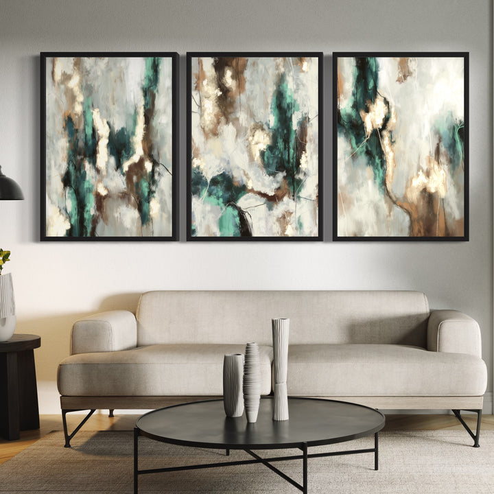 Abstract  Minimalist Art Styled With A Light Beige Sofa, Black Round Coffee Table, Black Side Table, And Sculptural White Vases. Perfect For A Minimalist Living Room.