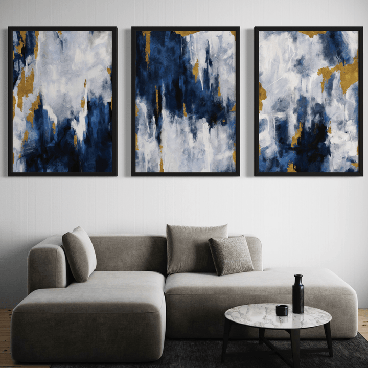 Navy Blue & Gold framed canvas triptych styled in a modern living room