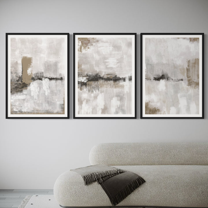 Modern Abstract Art Styled With A Curved Bouclé Chaise, White Frames, Soft Grey Wall, And A Minimal Speckled Rug. Perfect For A Minimalist Living Room.