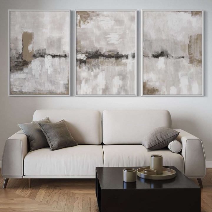 Nude & Grey Clouds abstract art prints in a warm neutral living room setting