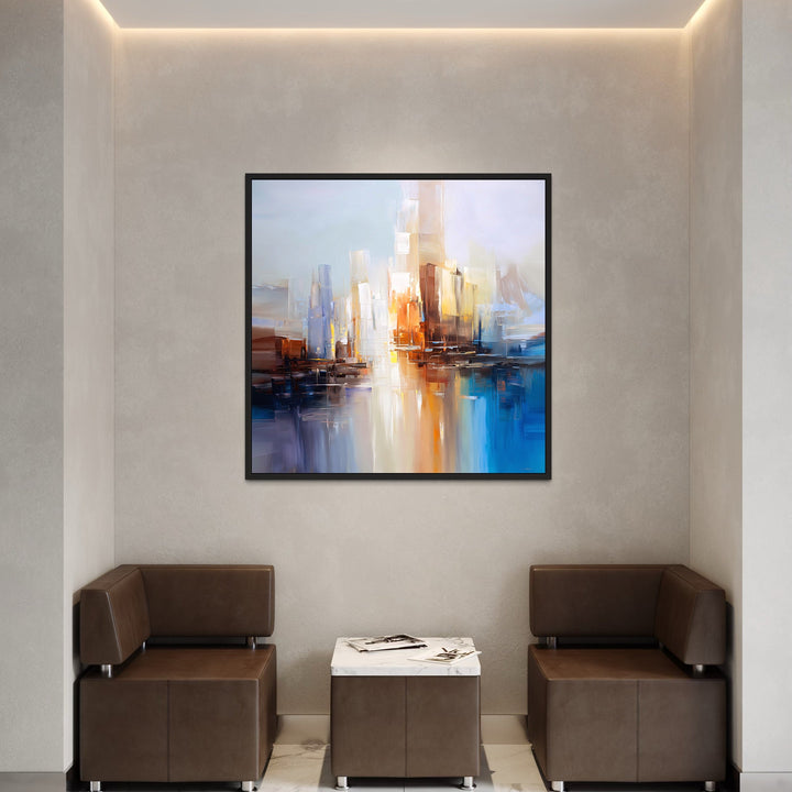 Abstract Cityscape Wall Art in Modern Minimalist Sitting Area with Dark Brown Curved Boucle Accent Chairs, Wooden Side Table, and Neutral Wall. Best in Contemporary Interior Decor.