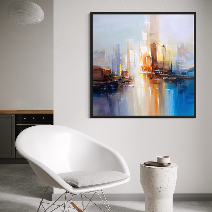Colorful Abstract Cityscape Wall Art in Modern Minimalist Corner with White Accent Chair, Concrete Side Table, and Neutral Decor. Perfect For Contemporary Pop to a Clean, Light-Filled Space.