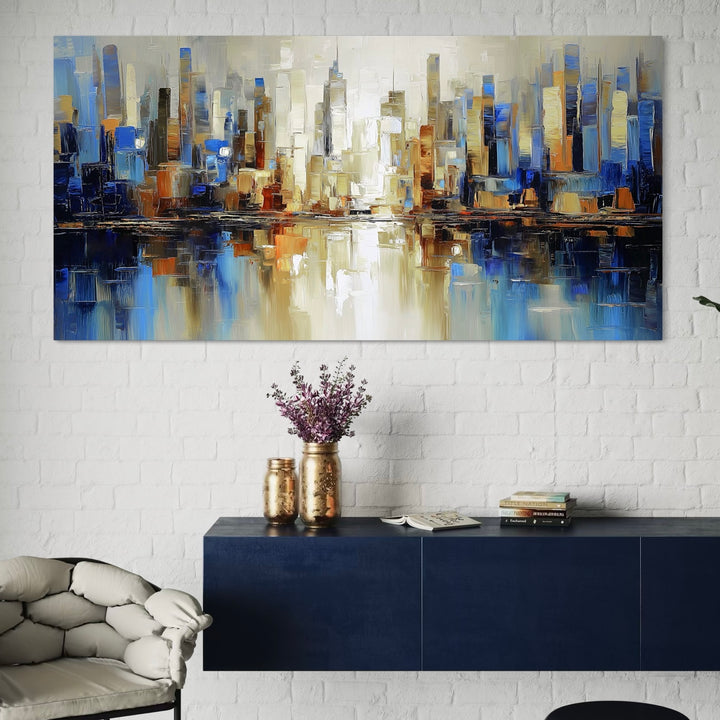 Modern Wall Decor for Living Rooms and Entryways Styled With Navy Floating Shelf Console, Stacked Books and Modern chair, White Painted Brick Wall for Modern Contrast