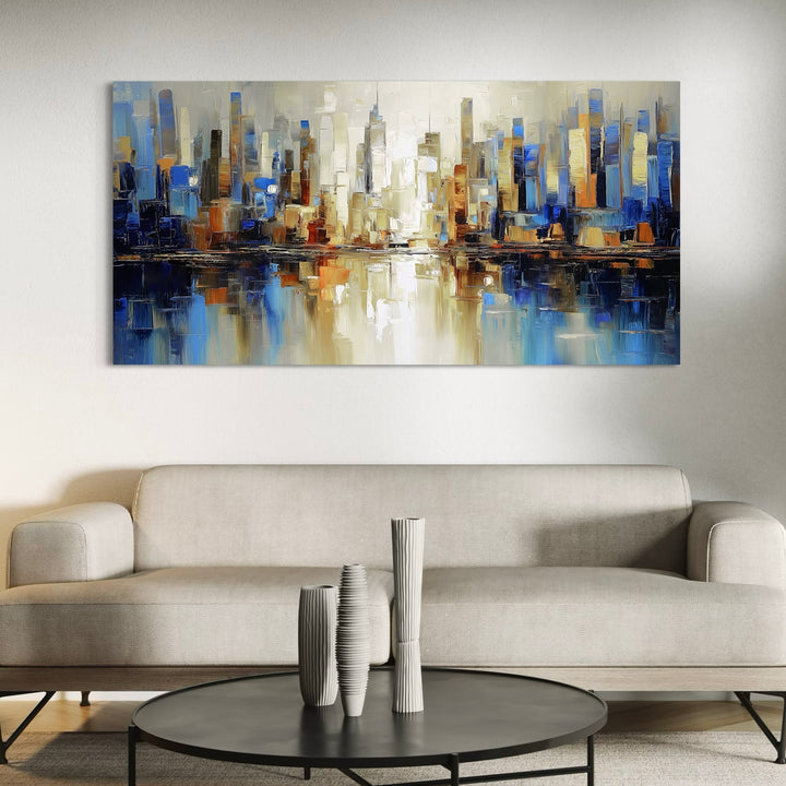 Modern Abstract Art Skyline Reflection in Cozy Living Room With Light Taupe Modern Sofa, Matte Black Round Coffee Table, and Sculptural Ceramic Vases Perfectly Complements Minimalist and Modern Decor