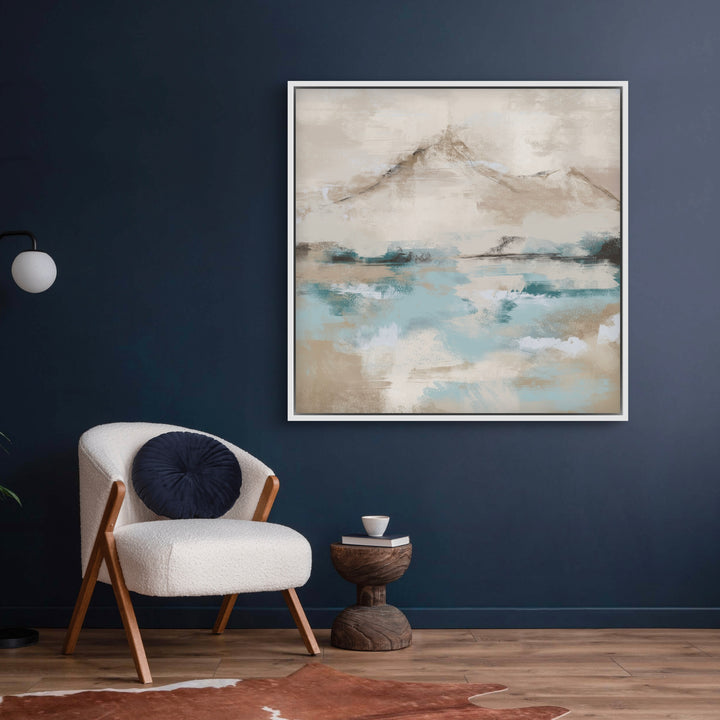 Elegant Minimalist Abstract Wall Art Styled with White Bouclé Accent Chair, Navy Round Pillow, Sculptural Wood Side Table, Warm Wood Floor, and a Deep Navy Feature Wall. Perfect for Cozy Reading Nook or Living Room.