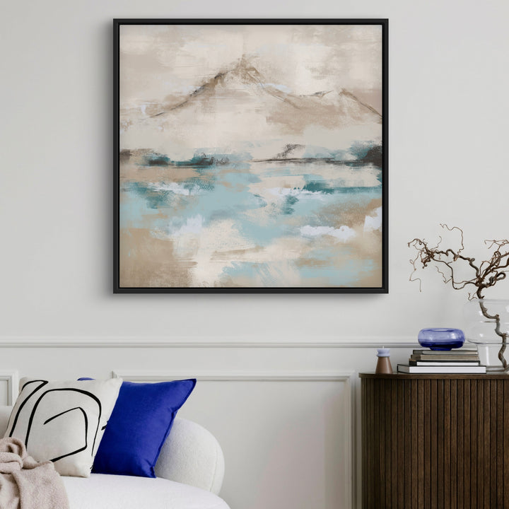 Elegant Minimalist Abstract Wall Art  Styled with White Curved Sofa, Blue Accent Pillow, Fluted Dark Wood Decorative Accent and a Sculptural Branch. Perfect for Contemporary Living Room.