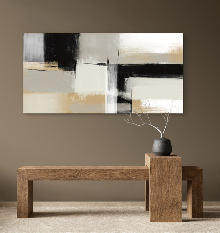 Abstract Canvas Wall Decor Styled With A Warm Taupe Wall, Solid Wood Minimalist Bench With Nested Console. Perfect For A Minimalist Entryway, Hallway, Or Contemporary Living Room.