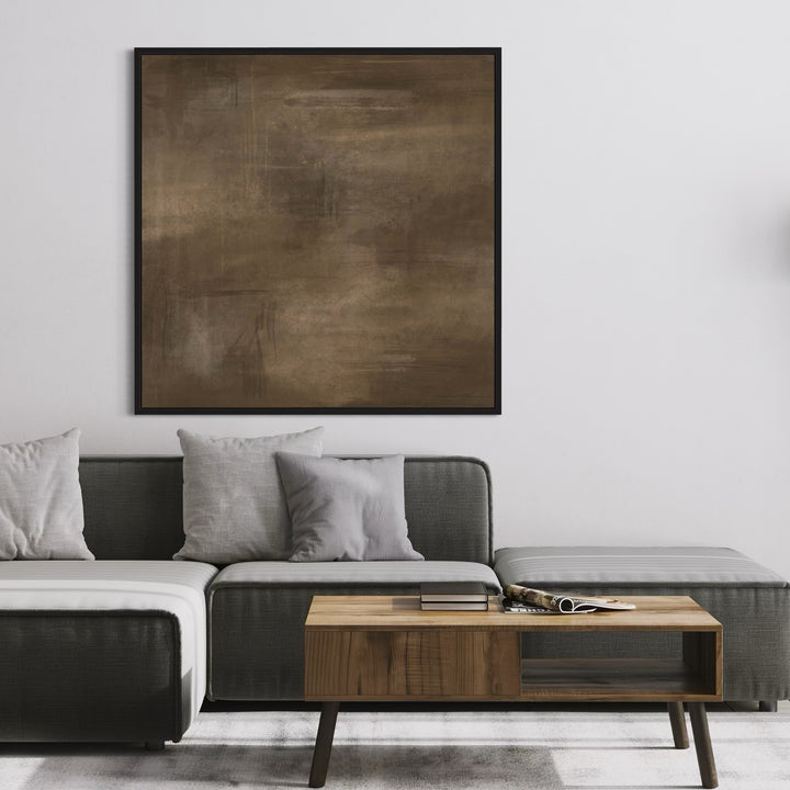 Modern Abstract Wall Art Styled With A Low Modular Gray Sectional Sofa and Throw Pillows, A Rectangular Wood Coffee Table. Perfect For A Minimalist Living Room, Or Contemporary Lounge.