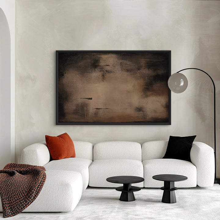 Modern living room with a white sofa, abstract painting, and floor lamp.