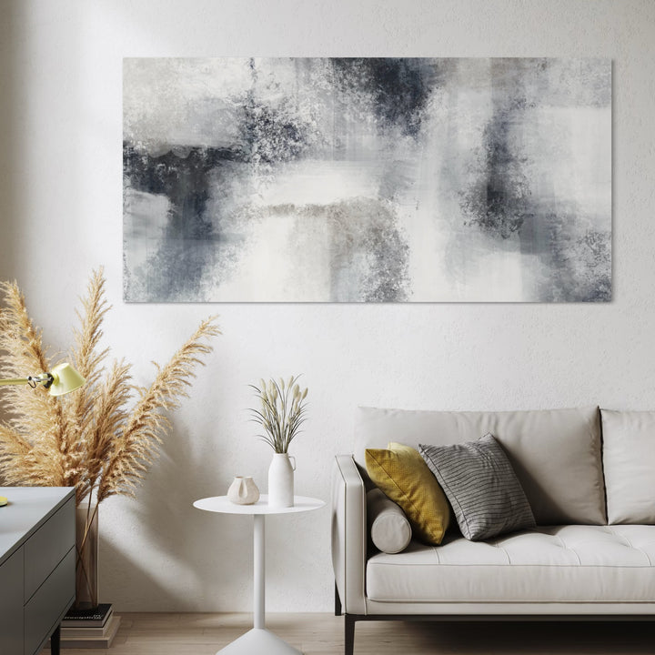 Large Minimalist Abstract Canvas Wall Art paired with Cream Boucle Sofa, White Pedestal Side Table, Pampas Grass, and Mustard Yellow Accents in a Cozy Modern Living Room