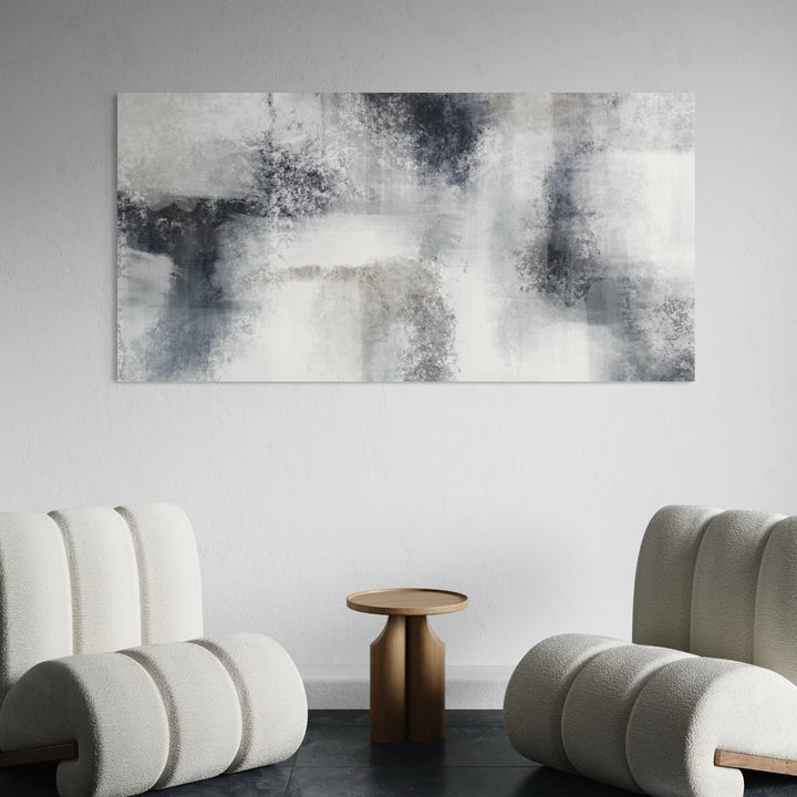 Large Modern Abstract Wall Art - Styled with Two Modern Boucle Lounge Chairs and a Minimalist Wooden Side Table, Perfect for Contemporary, Cozy Interiors.
