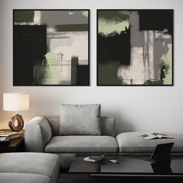 Minimalist Living Room Interior Abstract Framed Canvas Wall Art with Grey Sectional Sofa, Black Marble Coffee Table and Modern Design Lamp on the Side