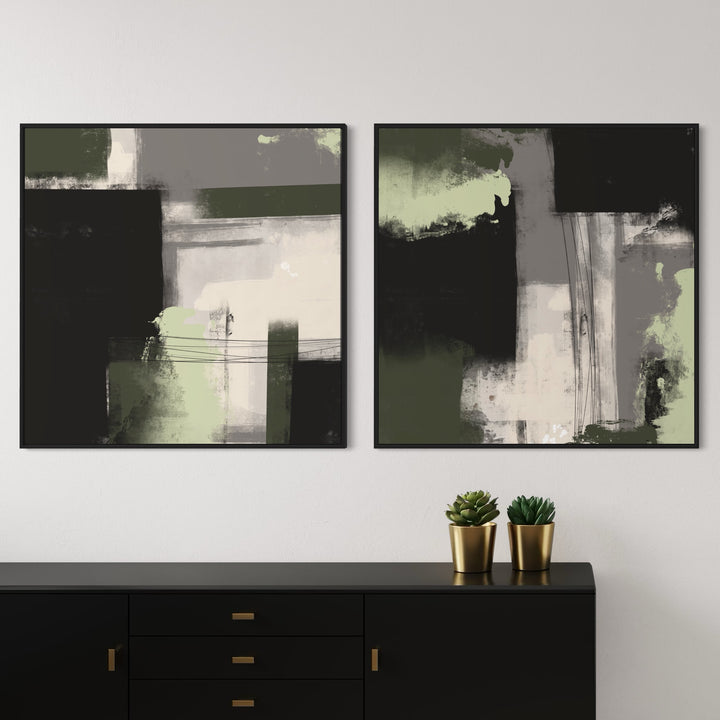 Minimalist Interior Corner Abstract Framed Canvas Wall Art  with Black Long Console Table and Decorative Accent on Top