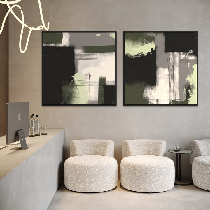 Minimalist Lobby Interior Abstract Framed Canvas Wall Art Prints Above Cream Boucle Accent Chairs with Side Table