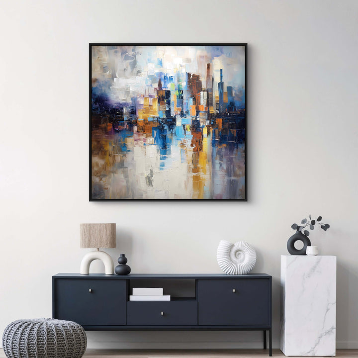 Manhattan Mist framed canvas displayed in a minimalist hallway with neutral decor