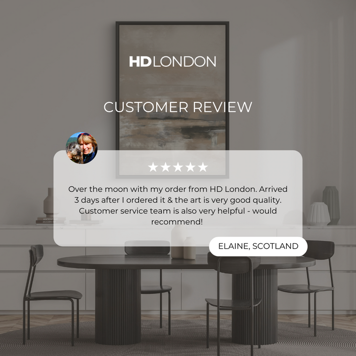 Dining room with a framed picture and customer review overlay, featuring HD London.
