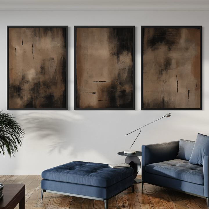 Charcoal Nights framed canvas triptych close-up showing dark tonal depth