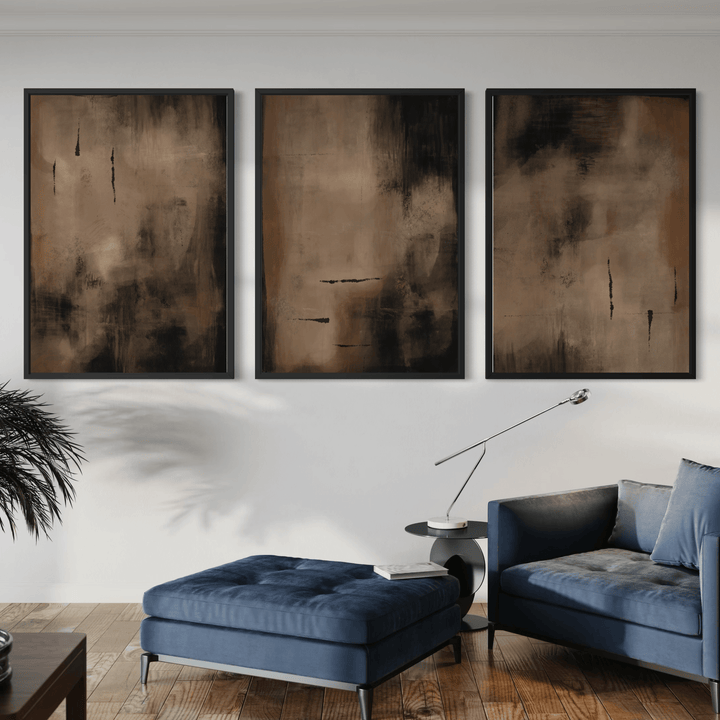 Charcoal Nights framed canvas triptych close-up showing dark tonal depth