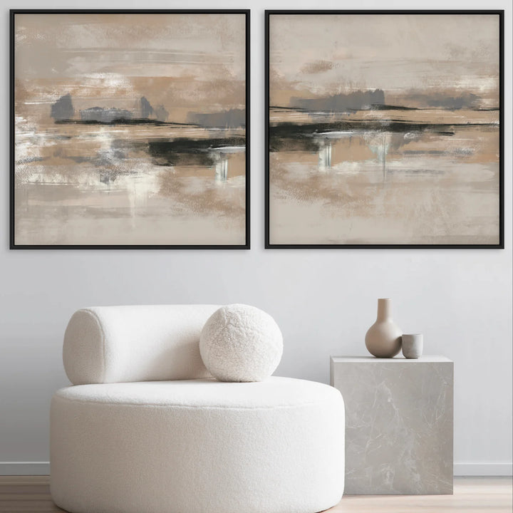 Elegant Abstract Wall Art Paired With a Cream Boucle Chair, Stone Marble Side Table, and Minimalist Ceramic Vases For a Refined Modern Luxe Interior.