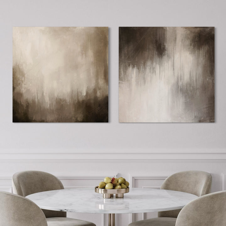 Set of Neutral Abstract Canvas Art paired with Marble Round Dining Table and Velvet Dining Chairs in Elegant Minimalist Dining Room.