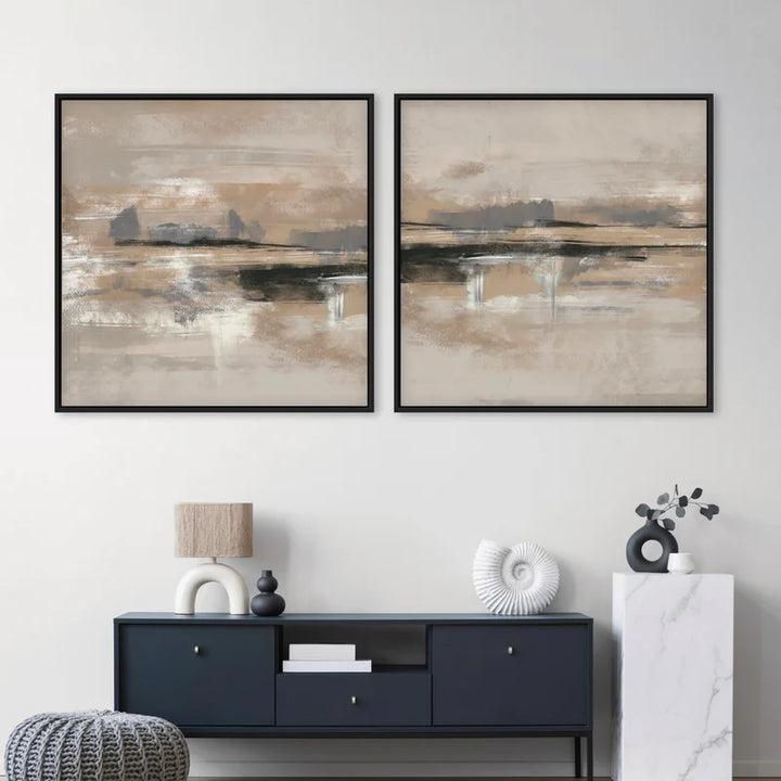 Elegant Abstract Wall Art Paired With a Deep Navy Console, Beige-Linen Arch Lamp, Matte Black Bud Vase, Sculptural White Shell and a White Marble Pedestal With a Black Ring Vase and Greenery.