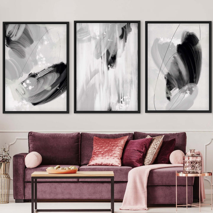 Set of 3 Framed Canvas - Monaco styled in a modern interior with elegant decor