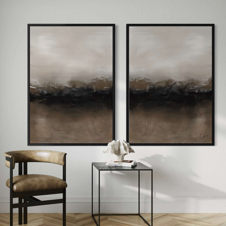 Framed Canvas Set of 2 - Mocha Dusk displayed as a pair in a contemporary bedroom setting
