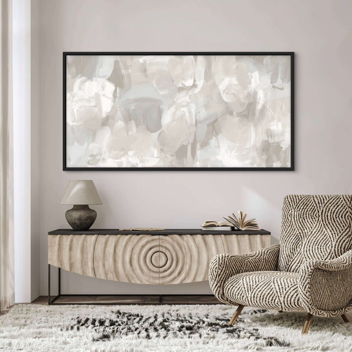 Whispered Mist framed canvas in an elegant modern living room setting