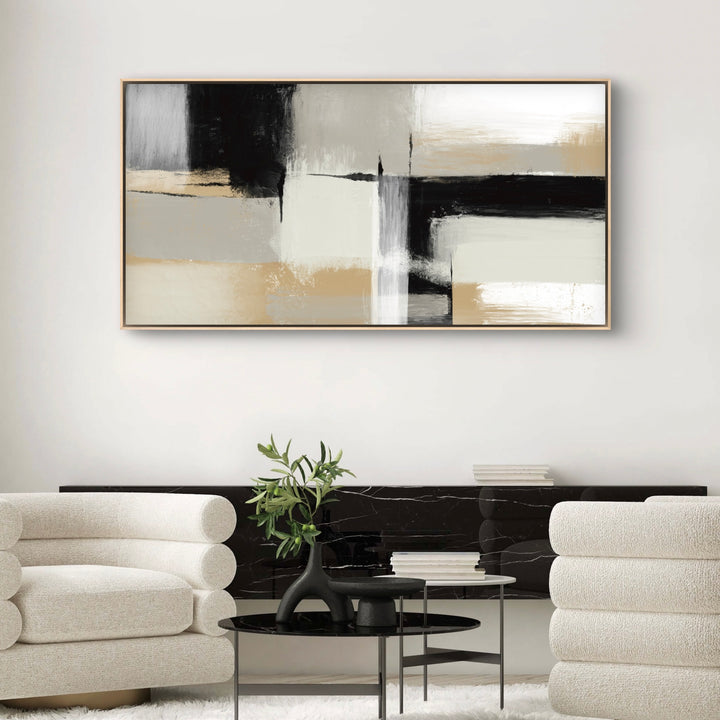 Elegant Abstract Wall Art Styled with Cream Bouclé Barrel Chairs, Black Marble Console, Nesting Black Coffee Tables, Olive-Branch Vase. Perfect for Contemporary Living Room.