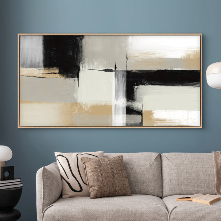 Elegant Abstract Wall Art Styled with Gray Textured Sofa and Pillow, Round Black Side Table with White Mushroom Lamp and a Blue Feature Wall. Perfect for Contemporary Living Room.