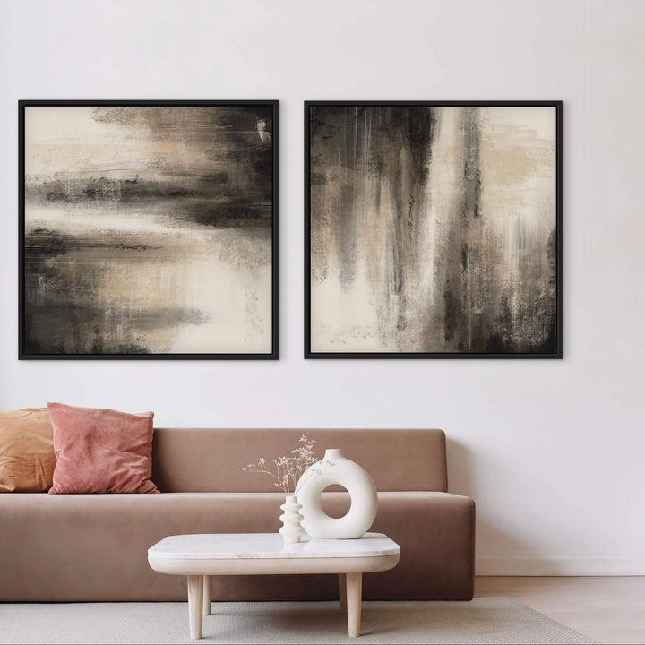 Obscura set of two abstract framed canvases above a blush pink sofa