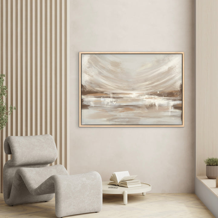 Vienna framed canvas in a natural oak frame beside a slatted wood wall with a grey lounge chair