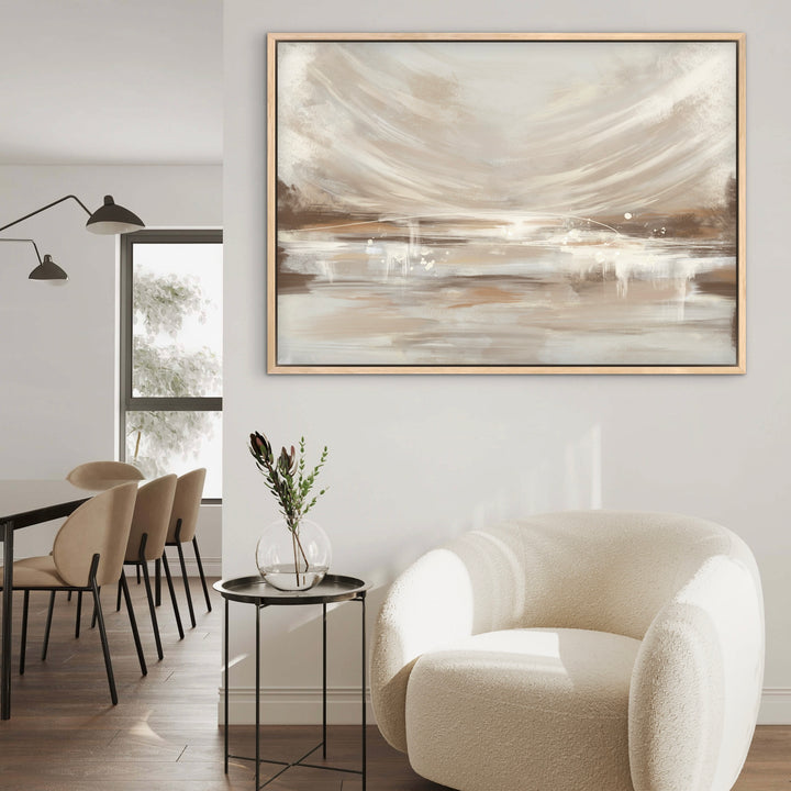 Vienna framed canvas in a natural oak frame, displayed in a contemporary dining and lounge space