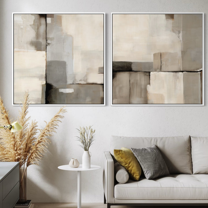 Framed Canvas Set of 2 - Linen Forms styled in a contemporary interior with warm neutral decor