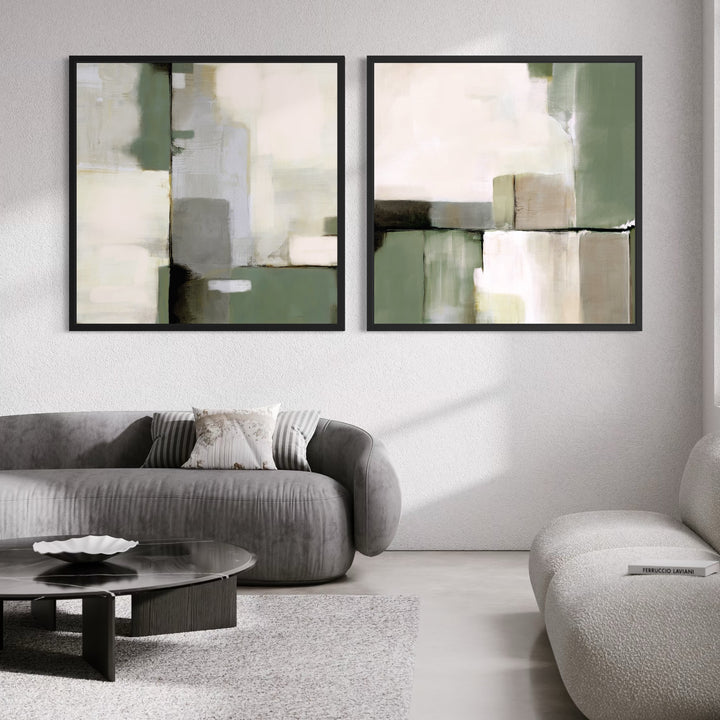 Framed Canvas Set of 2 - Green Whisper displayed as a pair in a contemporary living room
