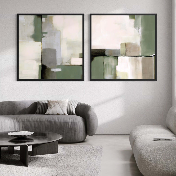 Framed Canvas Set of 2 - Green Whisper displayed as a pair in a contemporary living room