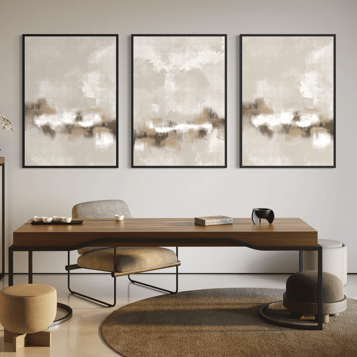 Set of 3 Framed Canvas - Sorrento displayed as a trio in a contemporary living room