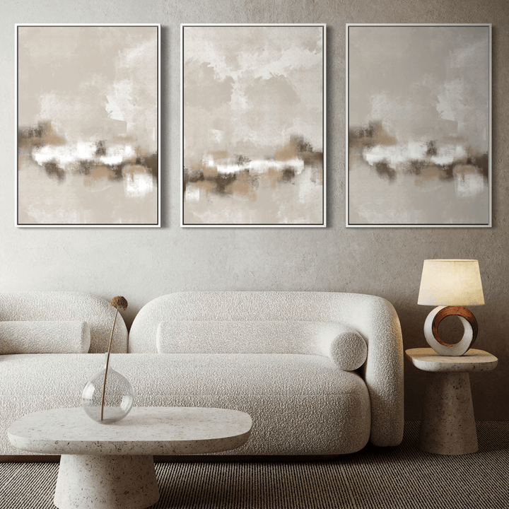Set of 3 Framed Canvas - Sorrento styled in a modern interior with warm decor accents
